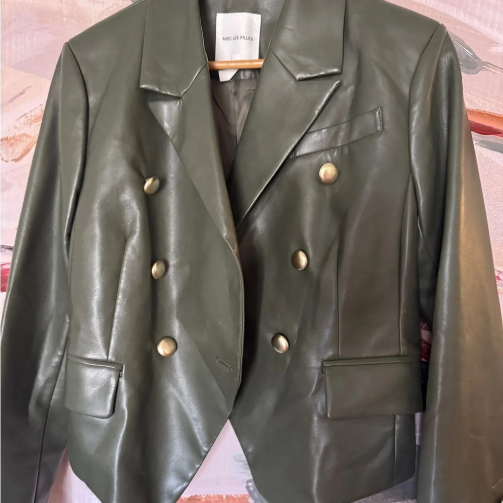 Avec Les Filles  Olive  faux Leather Jacket with Gold Buttons - Picture 2 of 11